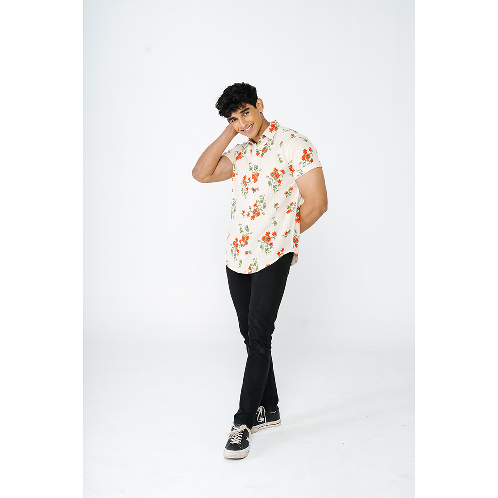 Creame and red floral printed shirt