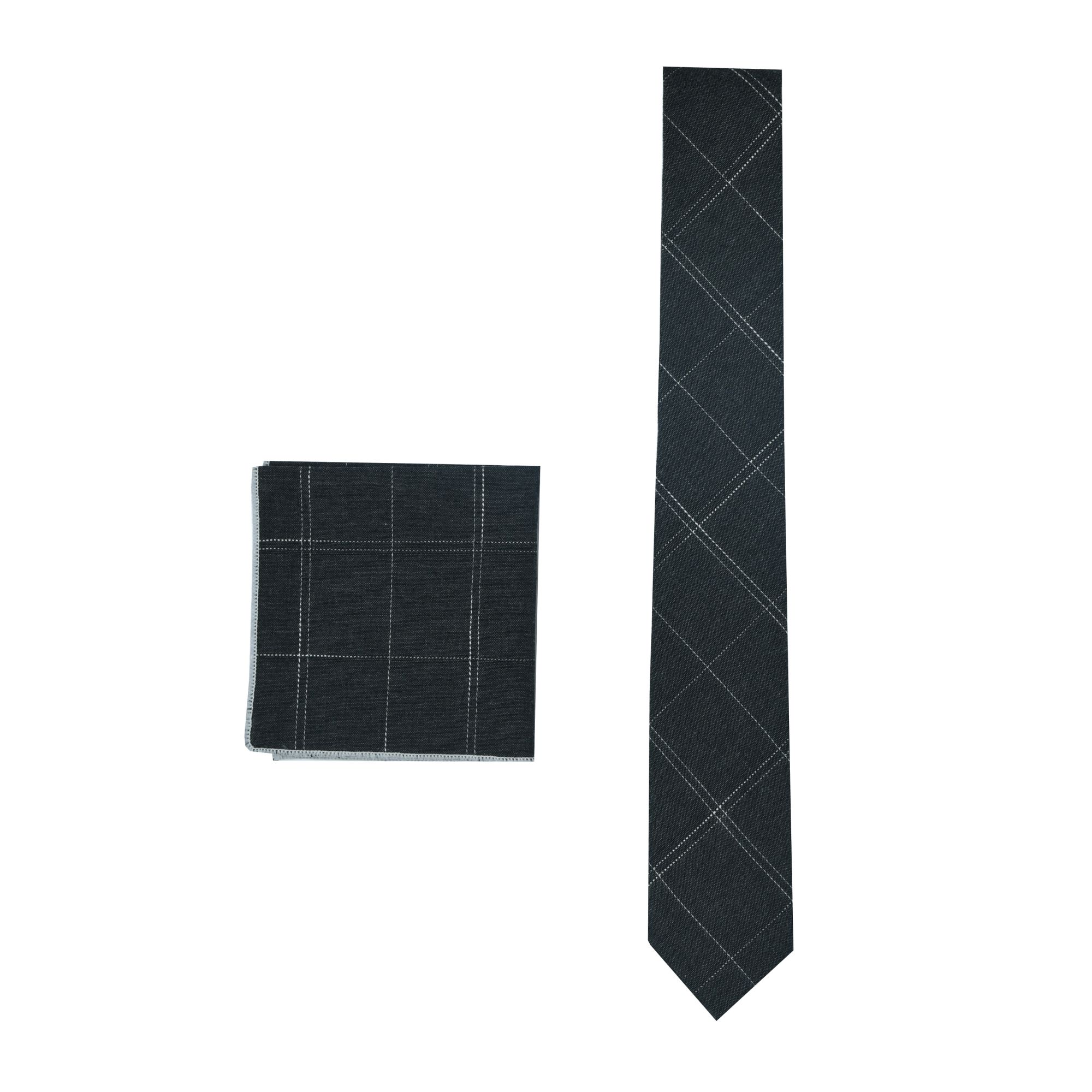 Jade charcoal checkered Slim Neck - tie & Pocket Square Combo