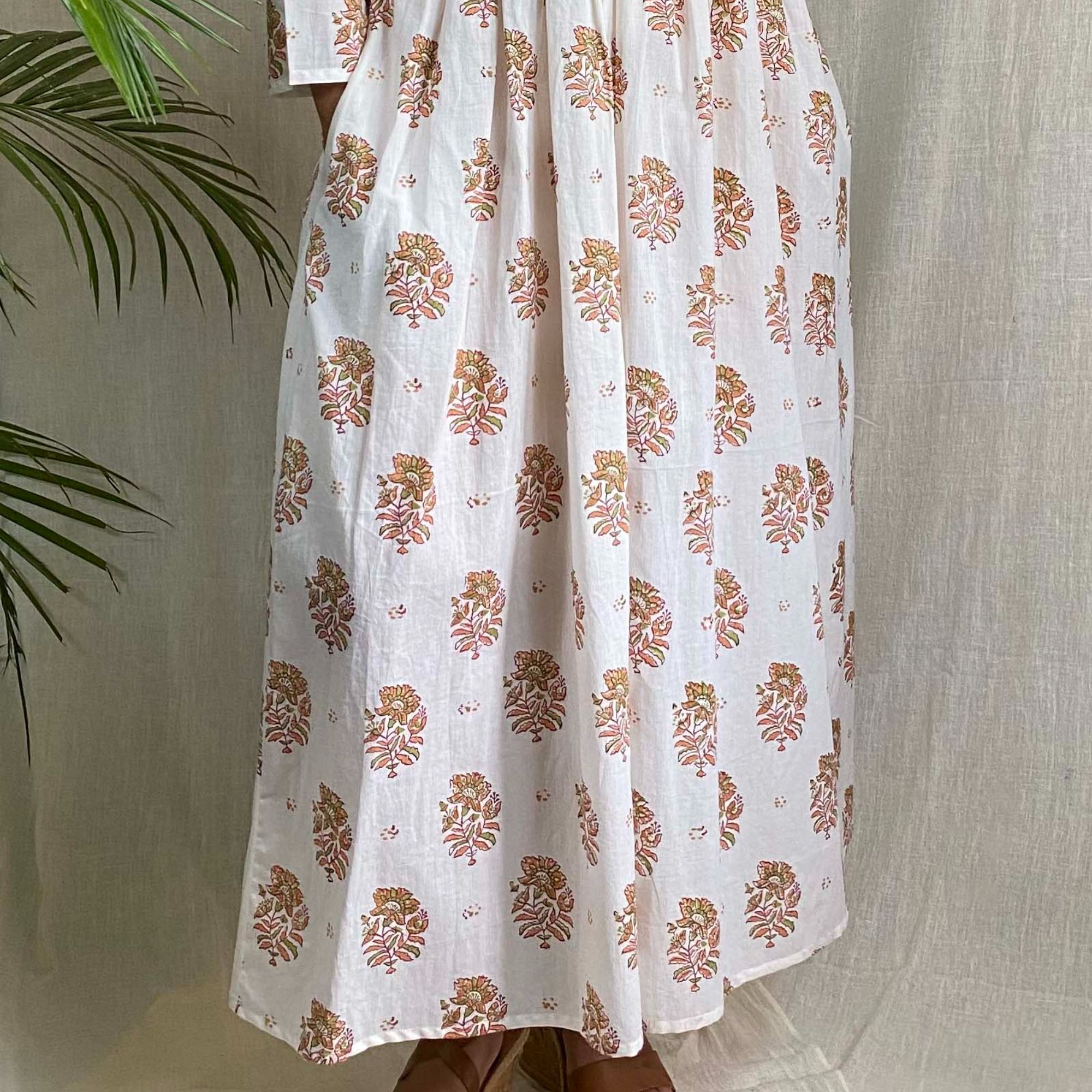 NUNES Printed Cotton Dress Peach and Olive