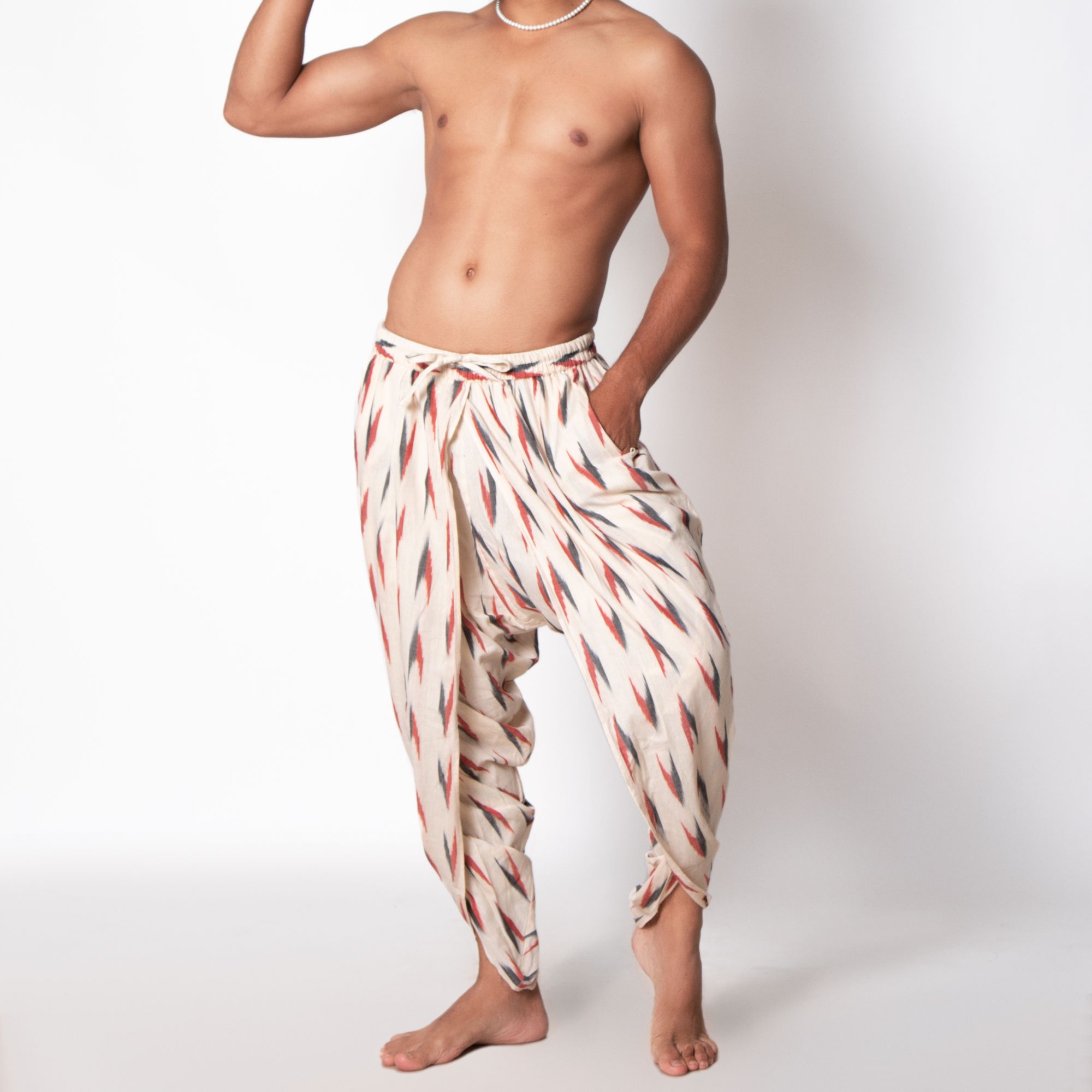 MEDEIROS Dhoti Pants Cotton Ikat Beige and Red