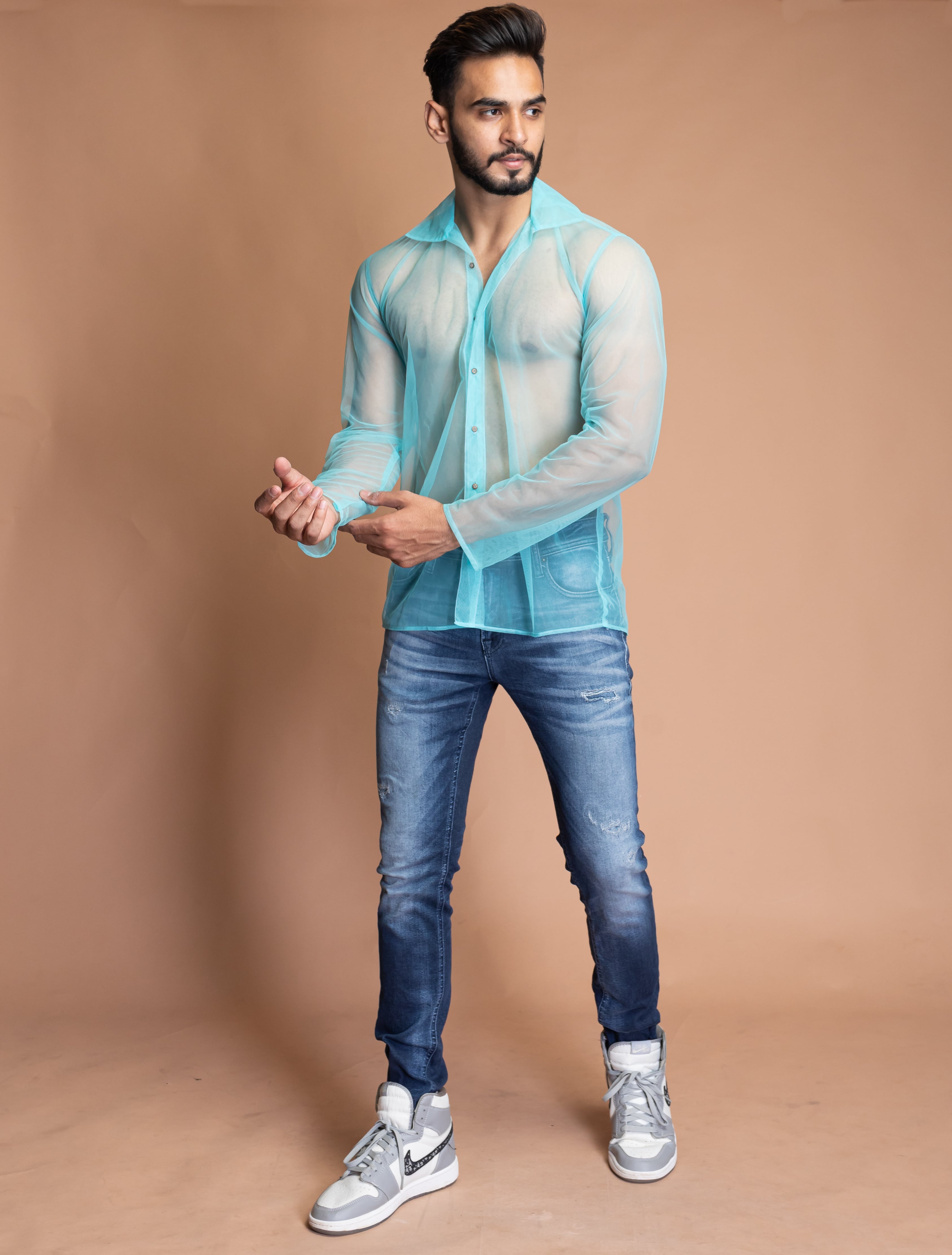 Sky blue mesh party shirt