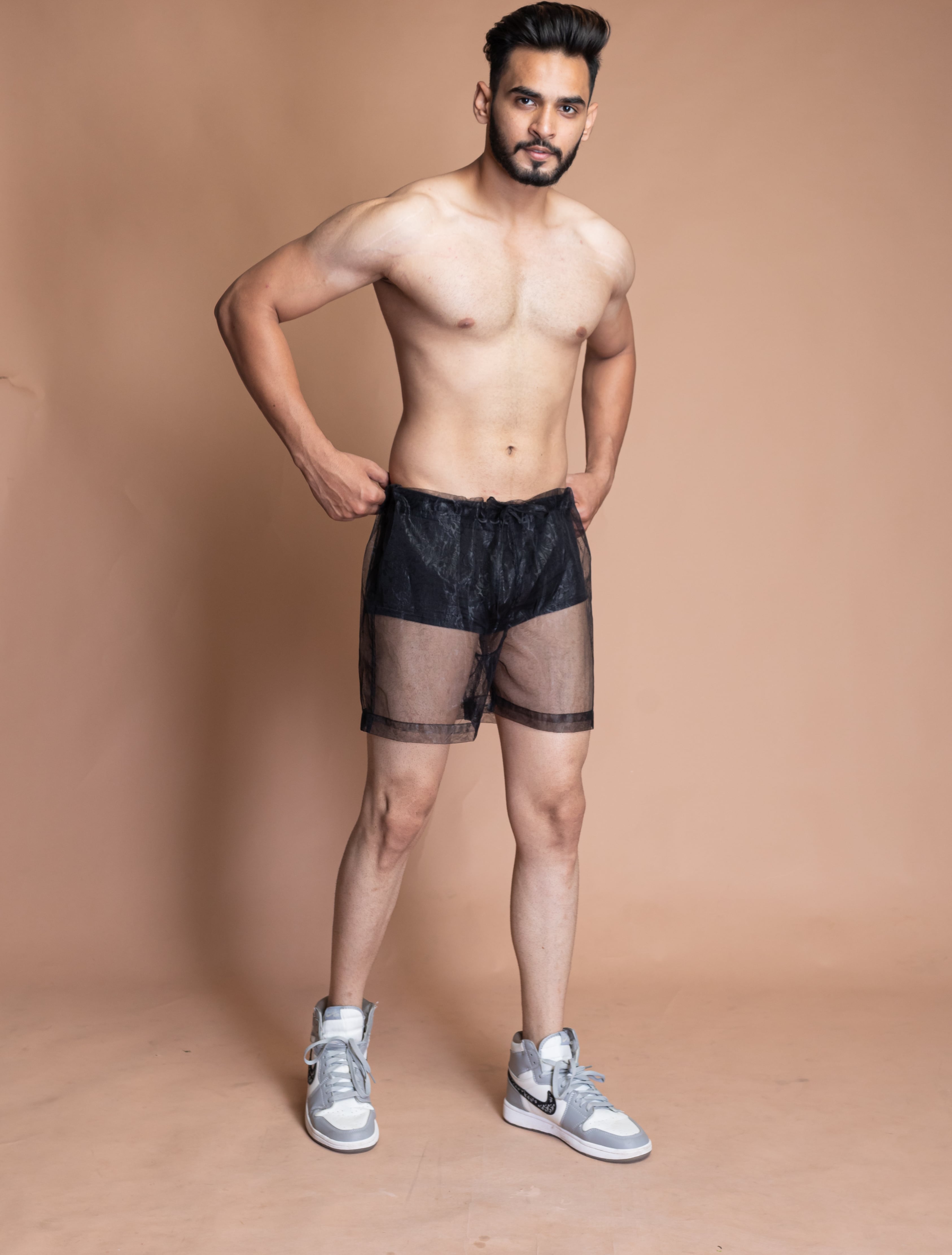 Black mesh party shorts