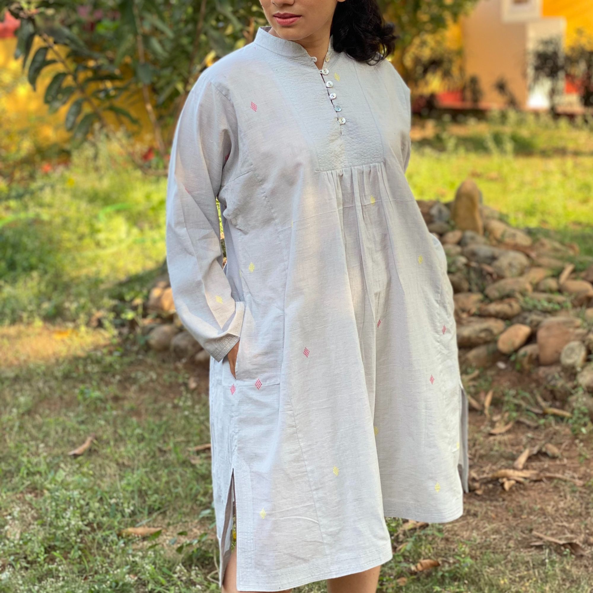 FARIA Organic Cotton Jamdani Kurta Grey