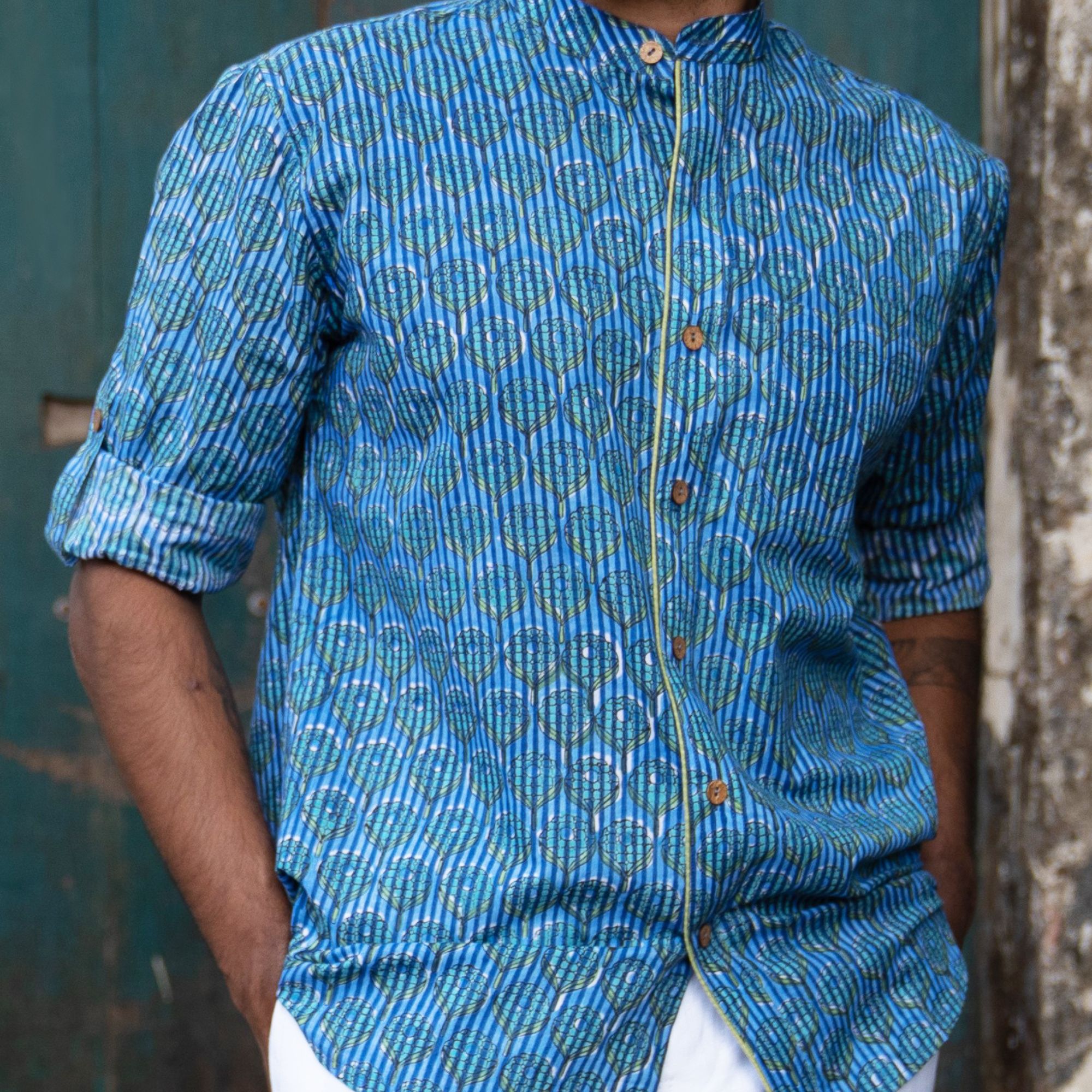 AGUIAR Handblock Printed Cotton Shirt Blue