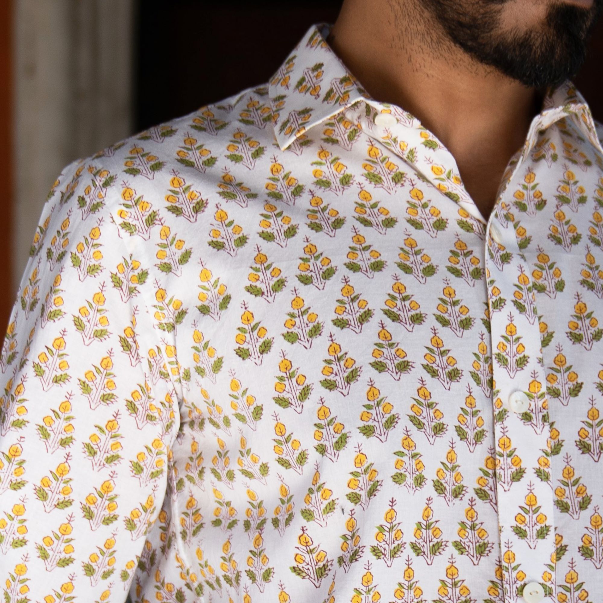 ALVES Handblock Printed Cotton Shirt White Yellow