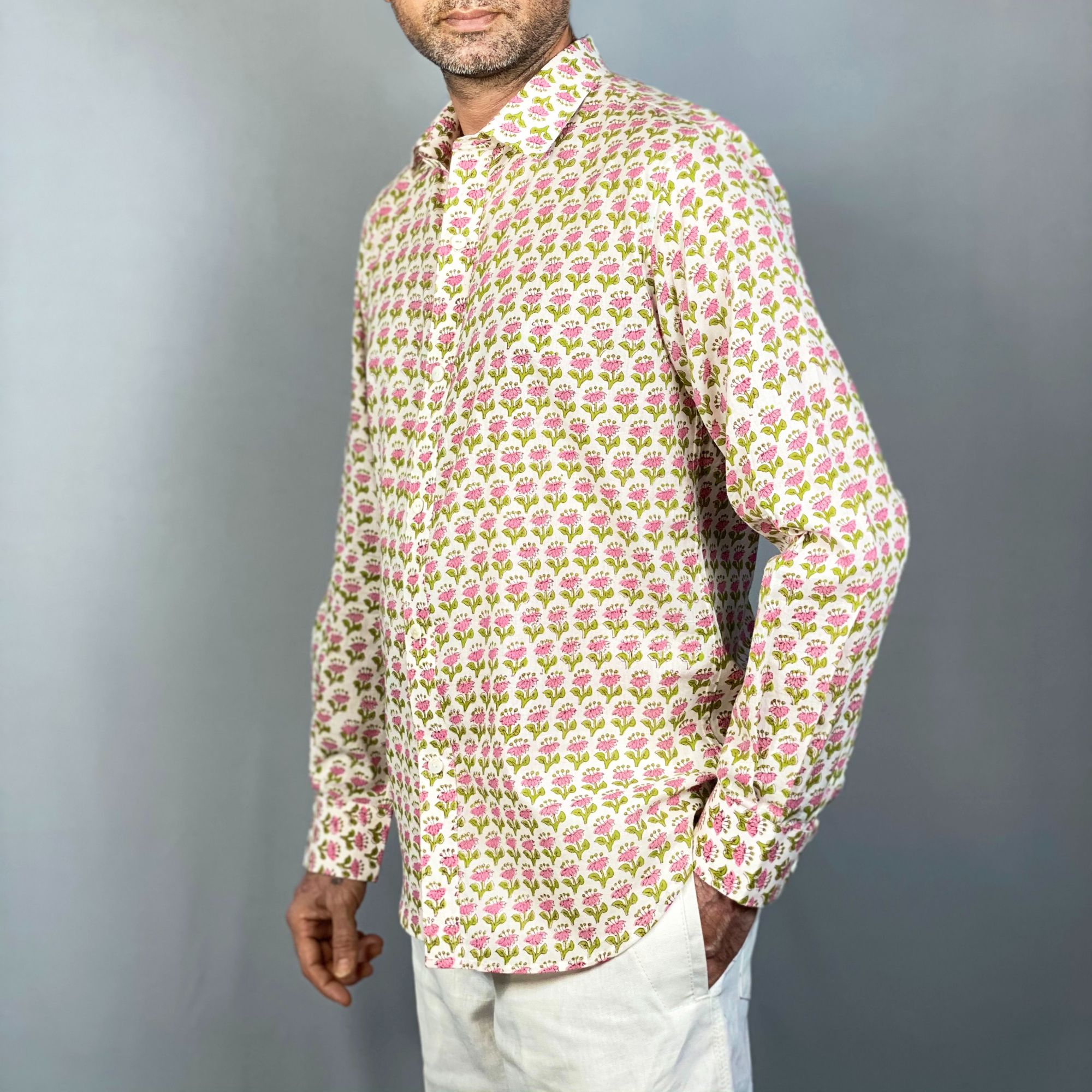 ALVES Handblock Printed Cotton Shirt White Pink