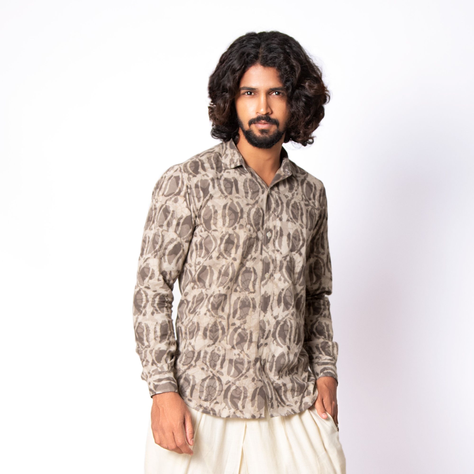 ALVES Cotton Dabu Leaf Print Shirt Taupe