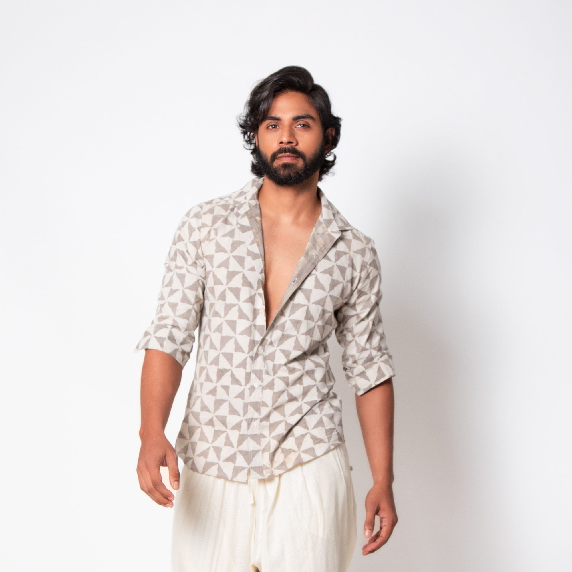 ALVES Cotton Dabu Triangle Print Shirt Taupe