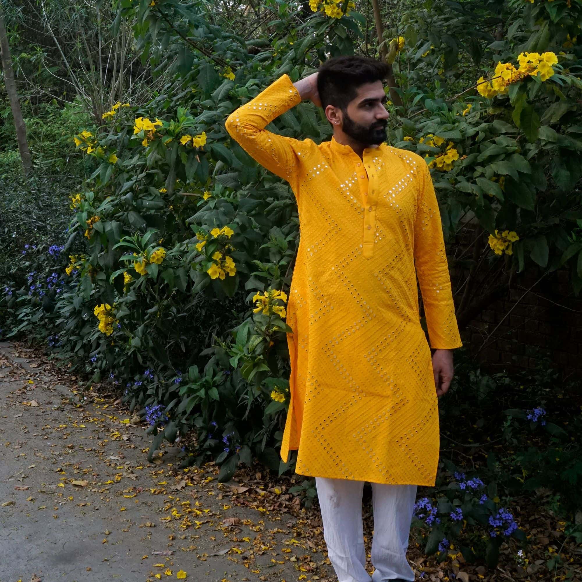 Yellow mirror work kurta