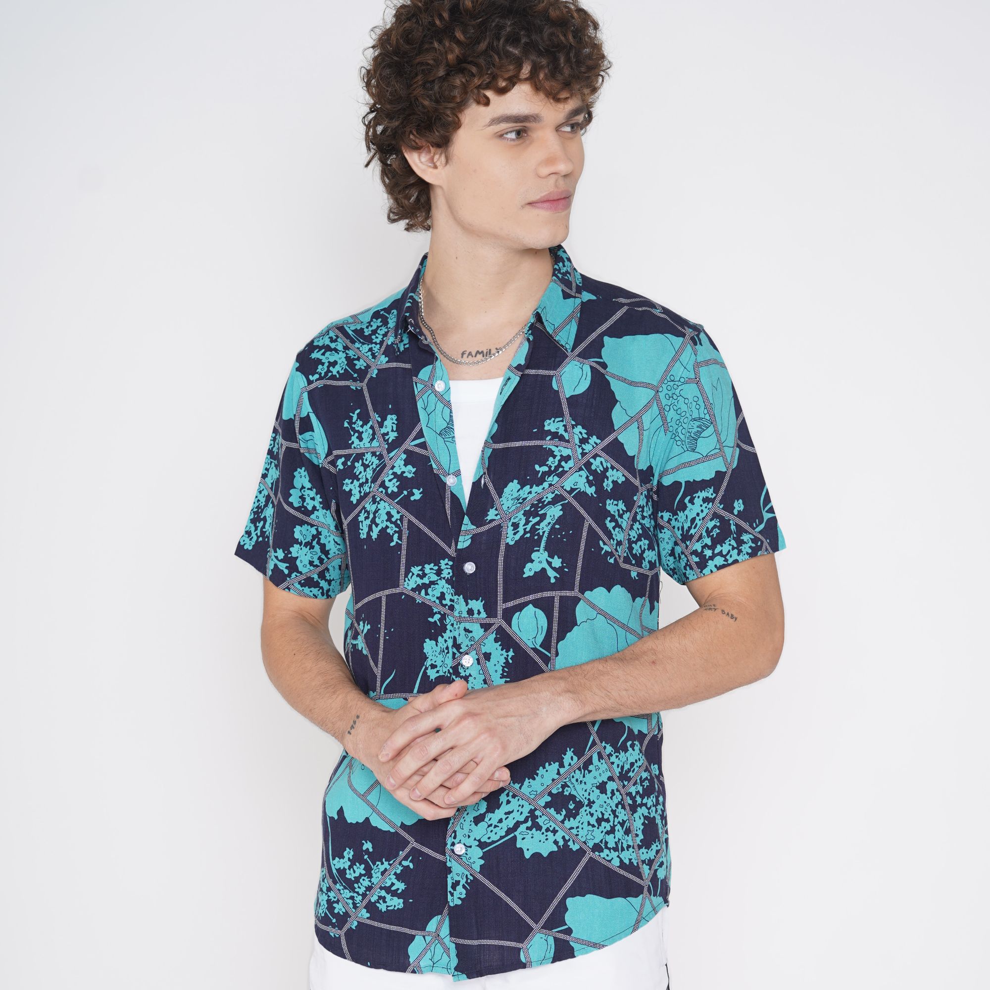 Cobalt blue breeze - Navy blue and turquoise printed shirt